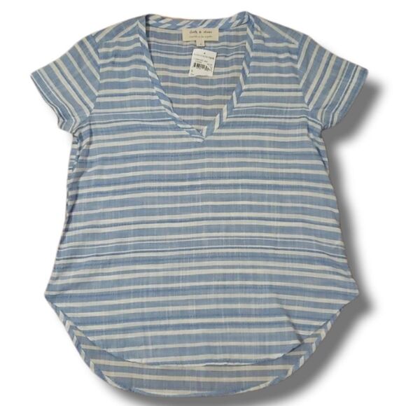 Cloth & Stone Blue‎ Striped V-Neck Cut Cotton Blouse Size Small NEW - Picture 1 of 5